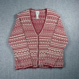 Vintage Koret Cardigan Knit Sweater Zig Zag Red Tan Womens Small Cottagecore 90s